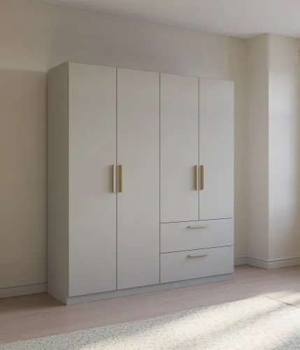 Kleiderschrank Drehtürenschrank Quadra-Spin | 4-türig | mit Schubkästen | seidengrau | 181x210 | Griff Skandi