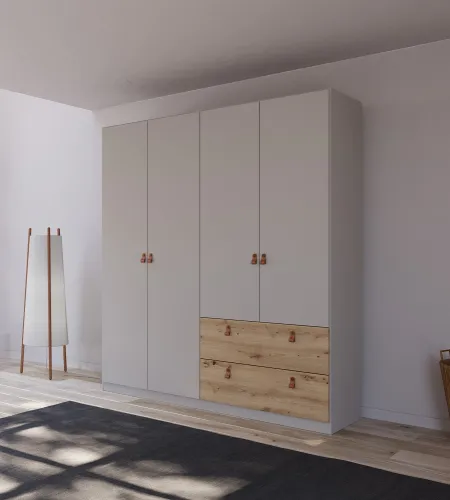 Kleiderschrank Drehtürenschrank Quadra-Spin | 4-türig | mit Schubkästen | seidengrau / Eiche Artisan | 181x210 | Griff Homey