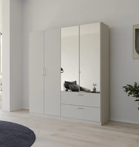 Kleiderschrank Drehtürenschrank Quadra-Spin | 4-türig | mit Spiegelt[ren & Schubkästen | seidengrau | 181x210 | Griff Pure