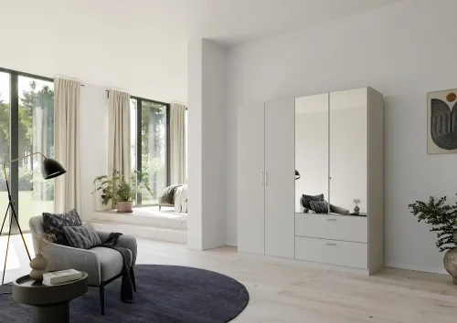 Kleiderschrank Drehtürenschrank Quadra-Spin | 4-türig | mit Spiegelt[ren & Schubkästen | seidengrau | 181x210 | Griff Pure