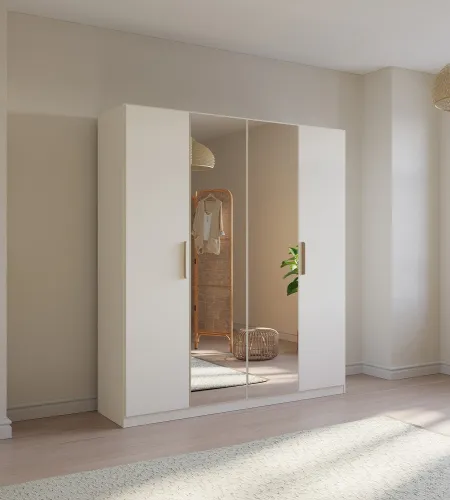 Kleiderschrank Drehtürenschrank Quadra-Spin | 4-türig | mit Spiegeltüren | alpinweiß | 181x210 | Griff Skandi