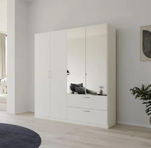 Kleiderschrank Drehtürenschrank Quadra-Spin | 4-türig | mit Spiegeltüren & Schubkästen | alpinweiß | 181x210 | Griff Pure