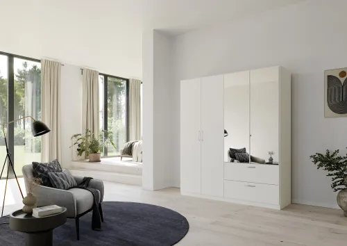 Kleiderschrank Drehtürenschrank Quadra-Spin | 4-türig | mit Spiegeltüren & Schubkästen | alpinweiß | 181x210 | Griff Pure