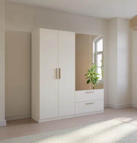 Kleiderschrank Drehtürenschrank Quadra-Spin | 4-türig | mit Spiegeltüren & Schubkästen | alpinweiß | 181x210 | Griff Skandi