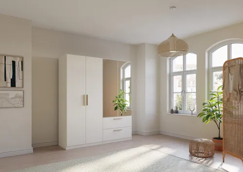 Kleiderschrank Drehtürenschrank Quadra-Spin | 4-türig | mit Spiegeltüren & Schubkästen | alpinweiß | 181x210 | Griff Skandi