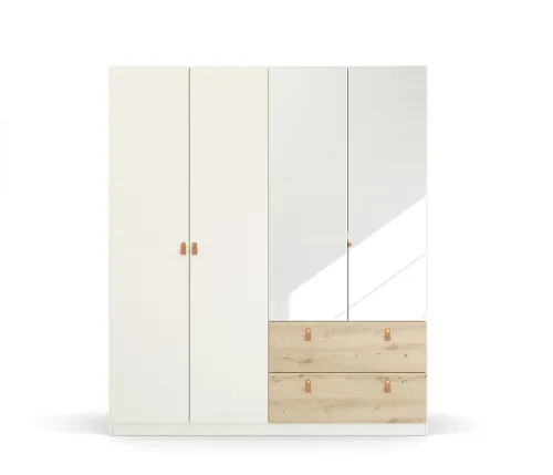 Kleiderschrank Drehtürenschrank Quadra-Spin | 4-türig | mit Spiegeltüren & Schubkästen | alpinweiß / Eiche Artisan | 181x210 | Griff Homey