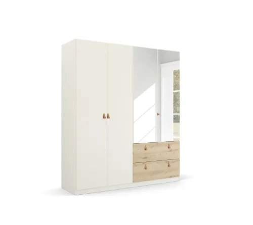 Kleiderschrank Drehtürenschrank Quadra-Spin | 4-türig | mit Spiegeltüren & Schubkästen | alpinweiß / Eiche Artisan | 181x210 | Griff Homey