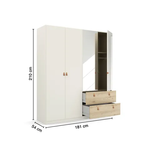 Kleiderschrank Drehtürenschrank Quadra-Spin | 4-türig | mit Spiegeltüren & Schubkästen | alpinweiß / Eiche Artisan | 181x210 | Griff Homey