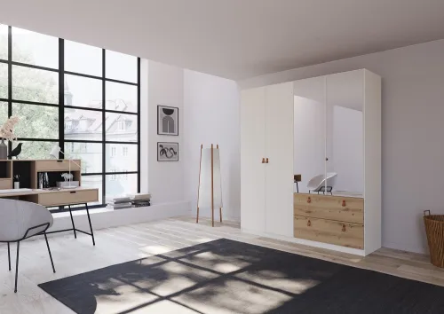 Kleiderschrank Drehtürenschrank Quadra-Spin | 4-türig | mit Spiegeltüren & Schubkästen | alpinweiß / Eiche Artisan | 181x210 | Griff Homey