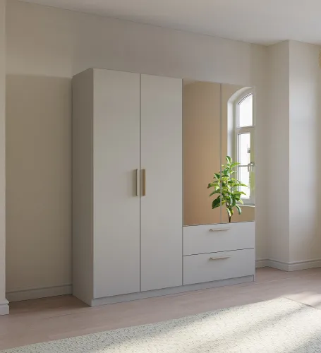 Kleiderschrank Drehtürenschrank Quadra-Spin | 4-türig | mit Spiegeltüren & Schubkästen | seidengrau | 181x210 | Griff Skandi