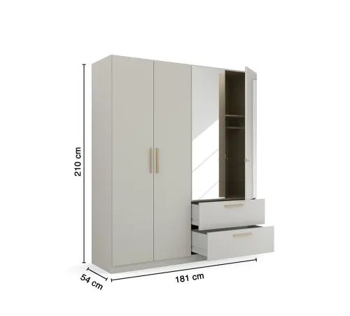 Kleiderschrank Drehtürenschrank Quadra-Spin | 4-türig | mit Spiegeltüren & Schubkästen | seidengrau | 181x210 | Griff Skandi