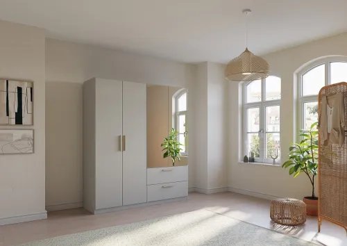 Kleiderschrank Drehtürenschrank Quadra-Spin | 4-türig | mit Spiegeltüren & Schubkästen | seidengrau | 181x210 | Griff Skandi