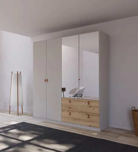 Kleiderschrank Drehtürenschrank Quadra-Spin | 4-türig | mit Spiegeltüren & Schubkästen | seidengrau / Eiche Artisan | 181x210 | Griff Homey