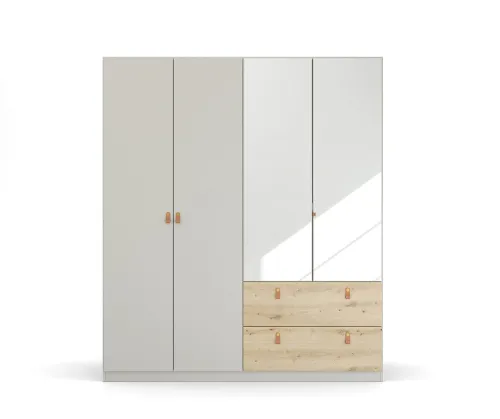 Kleiderschrank Drehtürenschrank Quadra-Spin | 4-türig | mit Spiegeltüren & Schubkästen | seidengrau / Eiche Artisan | 181x210 | Griff Homey
