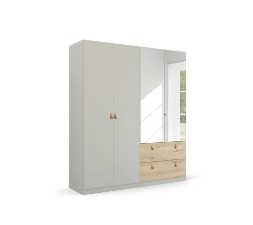 Kleiderschrank Drehtürenschrank Quadra-Spin | 4-türig | mit Spiegeltüren & Schubkästen | seidengrau / Eiche Artisan | 181x210 | Griff Homey