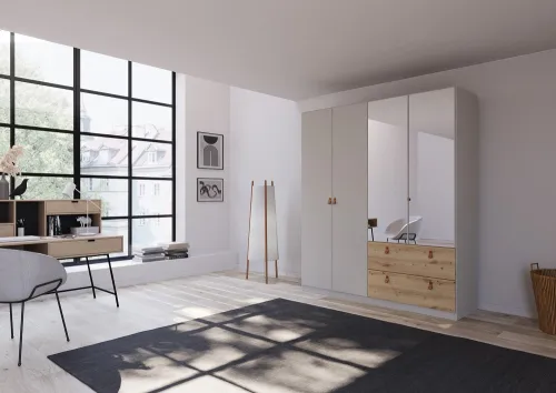 Kleiderschrank Drehtürenschrank Quadra-Spin | 4-türig | mit Spiegeltüren & Schubkästen | seidengrau / Eiche Artisan | 181x210 | Griff Homey