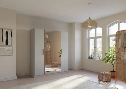 Kleiderschrank Drehtürenschrank Quadra-Spin | 4-türig | mit Spiegeltüren | seidengrau | 181x210 | Griff Skandi