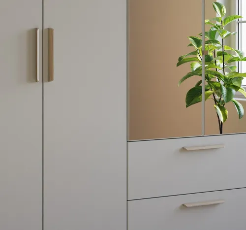 Kleiderschrank Drehtürenschrank Quadra-Spin | 4-türig | mit Spiegeltüren | seidengrau | 181x210 | Griff Skandi