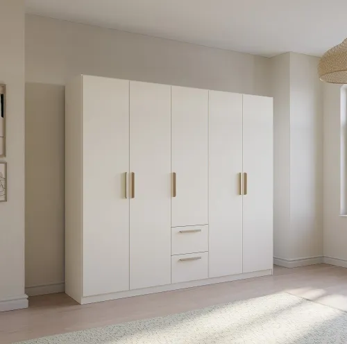 Kleiderschrank Drehtürenschrank Quadra-Spin | 5-türig | mit Schubkästen | alpinweiß | 226x210 | Griff Skandi