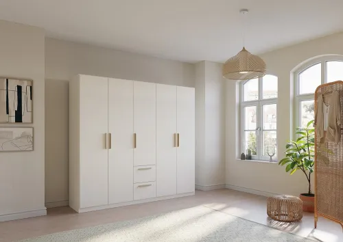 Kleiderschrank Drehtürenschrank Quadra-Spin | 5-türig | mit Schubkästen | alpinweiß | 226x210 | Griff Skandi