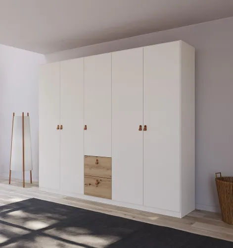 Kleiderschrank Drehtürenschrank Quadra-Spin | 5-türig | mit Schubkästen | alpinweiß / Eiche Artisan | 226x210 | Griff Homey