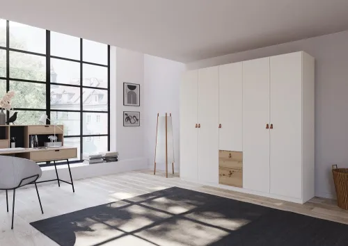 Kleiderschrank Drehtürenschrank Quadra-Spin | 5-türig | mit Schubkästen | alpinweiß / Eiche Artisan | 226x210 | Griff Homey