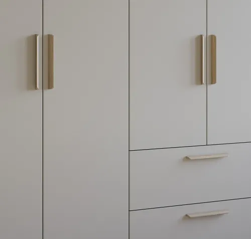 Kleiderschrank Drehtürenschrank Quadra-Spin | 5-türig | mit Schubkästen | seidengrau | 226x210 | Griff Skandi