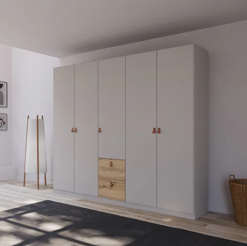 Kleiderschrank Drehtürenschrank Quadra-Spin | 5-türig | mit Schubkästen | seidengrau / Eiche Artisan | 226x210 | Griff Homey