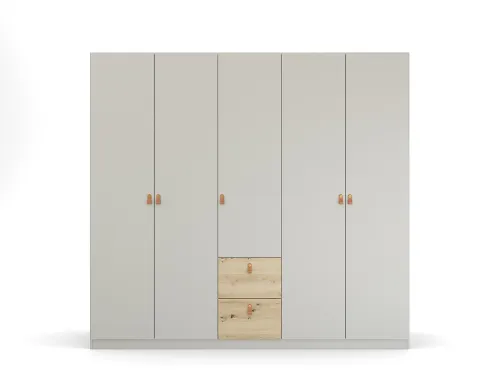 Kleiderschrank Drehtürenschrank Quadra-Spin | 5-türig | mit Schubkästen | seidengrau / Eiche Artisan | 226x210 | Griff Homey