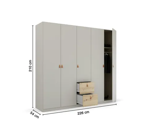 Kleiderschrank Drehtürenschrank Quadra-Spin | 5-türig | mit Schubkästen | seidengrau / Eiche Artisan | 226x210 | Griff Homey