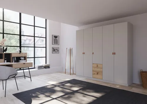 Kleiderschrank Drehtürenschrank Quadra-Spin | 5-türig | mit Schubkästen | seidengrau / Eiche Artisan | 226x210 | Griff Homey