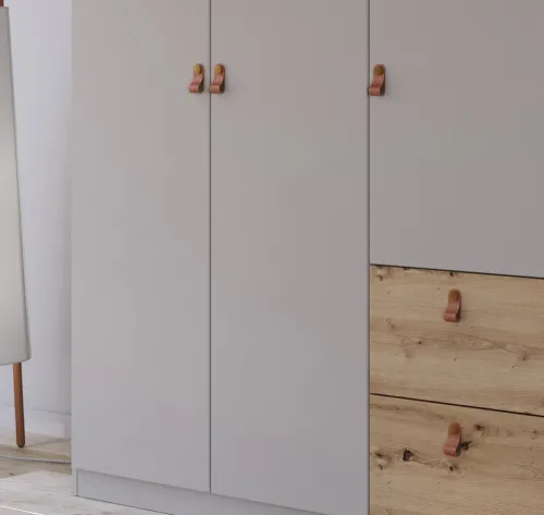 Kleiderschrank Drehtürenschrank Quadra-Spin | 5-türig | mit Schubkästen | seidengrau / Eiche Artisan | 226x210 | Griff Homey