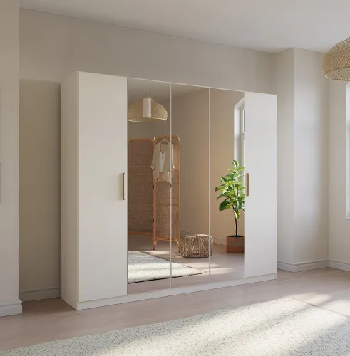 Kleiderschrank Drehtürenschrank Quadra-Spin | 5-türig | mit Spiegeltüren | alpinweiß | 226x210 | Griff Skandi