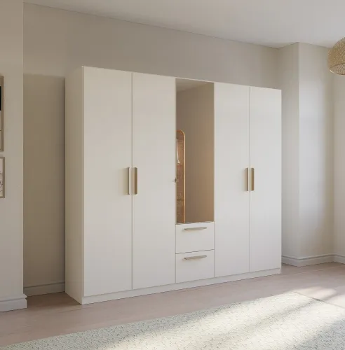 Kleiderschrank Drehtürenschrank Quadra-Spin | 5-türig | mit Spiegeltüren & Schubkästen | alpinweiß | 226x210 | Griff Skandi