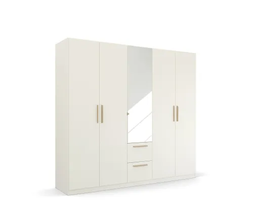 Kleiderschrank Drehtürenschrank Quadra-Spin | 5-türig | mit Spiegeltüren & Schubkästen | alpinweiß | 226x210 | Griff Skandi