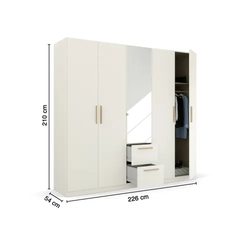 Kleiderschrank Drehtürenschrank Quadra-Spin | 5-türig | mit Spiegeltüren & Schubkästen | alpinweiß | 226x210 | Griff Skandi