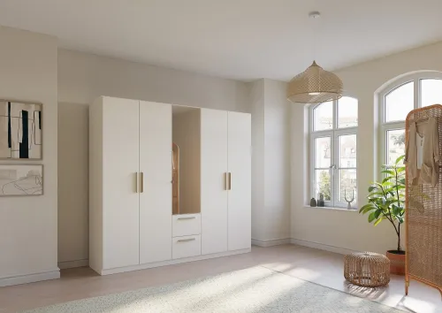 Kleiderschrank Drehtürenschrank Quadra-Spin | 5-türig | mit Spiegeltüren & Schubkästen | alpinweiß | 226x210 | Griff Skandi