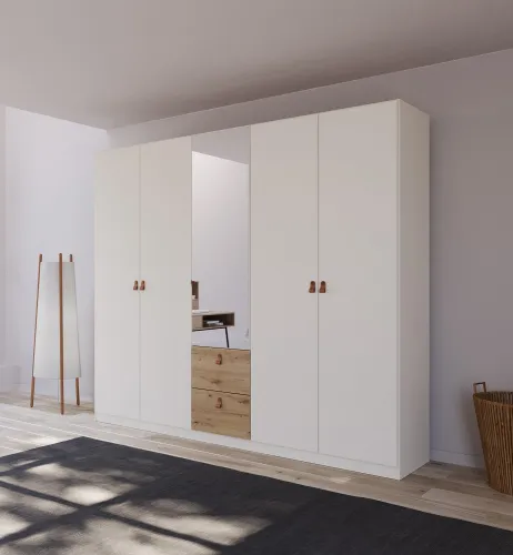 Kleiderschrank Drehtürenschrank Quadra-Spin | 5-türig | mit Spiegeltüren & Schubkästen | alpinweiß / Eiche Artisan | 226x210 | Griff Homey