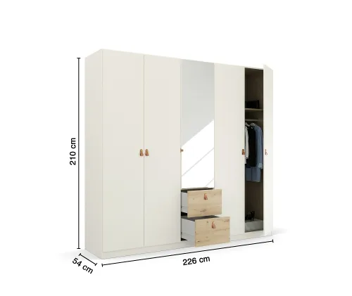 Kleiderschrank Drehtürenschrank Quadra-Spin | 5-türig | mit Spiegeltüren & Schubkästen | alpinweiß / Eiche Artisan | 226x210 | Griff Homey