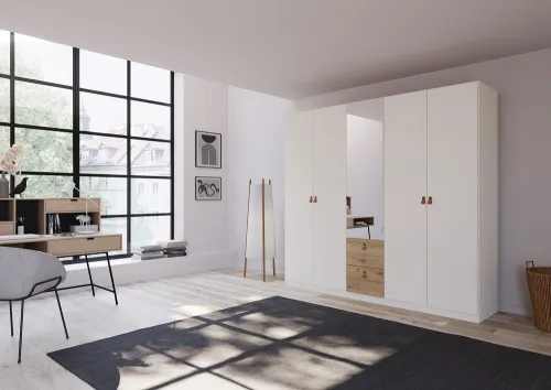 Kleiderschrank Drehtürenschrank Quadra-Spin | 5-türig | mit Spiegeltüren & Schubkästen | alpinweiß / Eiche Artisan | 226x210 | Griff Homey