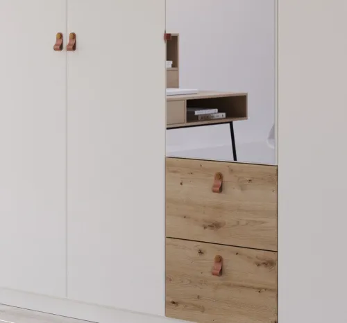 Kleiderschrank Drehtürenschrank Quadra-Spin | 5-türig | mit Spiegeltüren & Schubkästen | alpinweiß / Eiche Artisan | 226x210 | Griff Homey