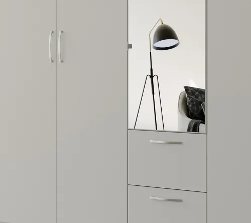 Kleiderschrank Drehtürenschrank Quadra-Spin | 5-türig | mit Spiegeltüren & Schubkästen | seidengrau | 226x210 | Griff Pure