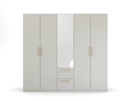 Kleiderschrank Drehtürenschrank Quadra-Spin | 5-türig | mit Spiegeltüren & Schubkästen | seidengrau | 226x210 | Griff Skandi