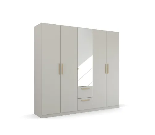 Kleiderschrank Drehtürenschrank Quadra-Spin | 5-türig | mit Spiegeltüren & Schubkästen | seidengrau | 226x210 | Griff Skandi