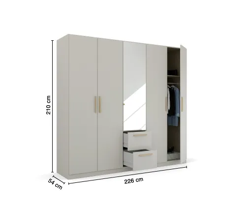 Kleiderschrank Drehtürenschrank Quadra-Spin | 5-türig | mit Spiegeltüren & Schubkästen | seidengrau | 226x210 | Griff Skandi