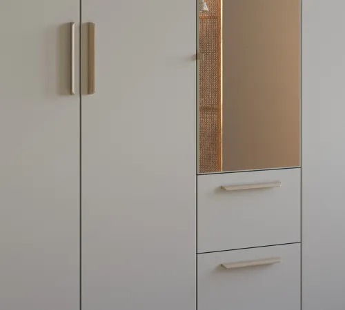 Kleiderschrank Drehtürenschrank Quadra-Spin | 5-türig | mit Spiegeltüren & Schubkästen | seidengrau | 226x210 | Griff Skandi