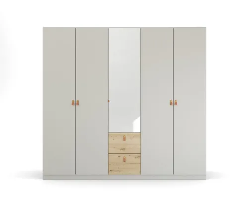 Kleiderschrank Drehtürenschrank Quadra-Spin | 5-türig | mit Spiegeltüren & Schubkästen | seidengrau / Eiche Artisan | 226x210 | Griff Homey