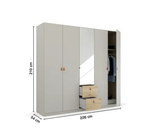 Kleiderschrank Drehtürenschrank Quadra-Spin | 5-türig | mit Spiegeltüren & Schubkästen | seidengrau / Eiche Artisan | 226x210 | Griff Homey