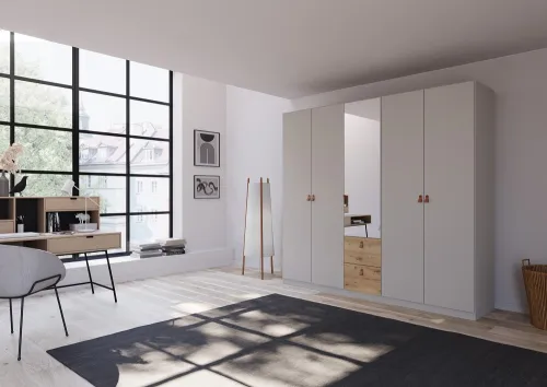 Kleiderschrank Drehtürenschrank Quadra-Spin | 5-türig | mit Spiegeltüren & Schubkästen | seidengrau / Eiche Artisan | 226x210 | Griff Homey