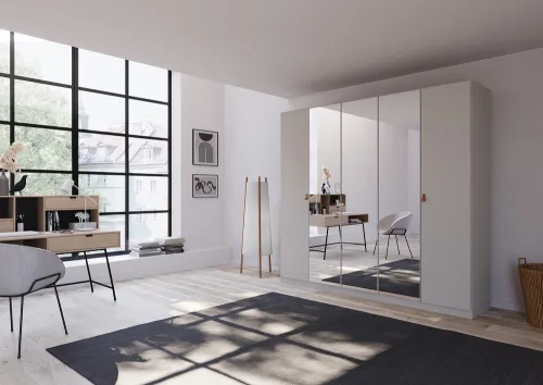 Kleiderschrank Drehtürenschrank Quadra-Spin | 5-türig | mit Spiegeltüren | seidengrau | 226x210 | Griff Homey